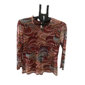 Eclair Ladies Stretch Blouse Size L Peacock Print Ruffle Collar Sheer Fully Line